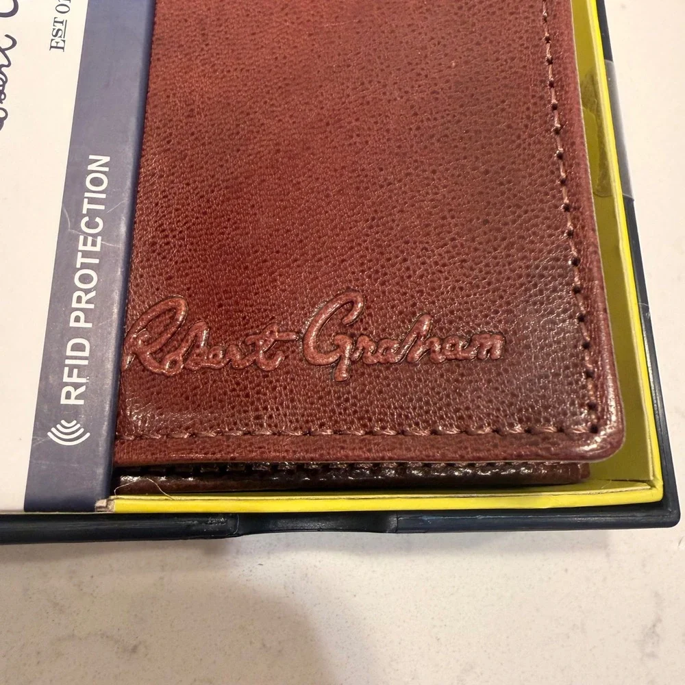 Robert Graham Mens NEW Genuine Leather Tri-Fold Wallet Brown RFID Blocking Boxed